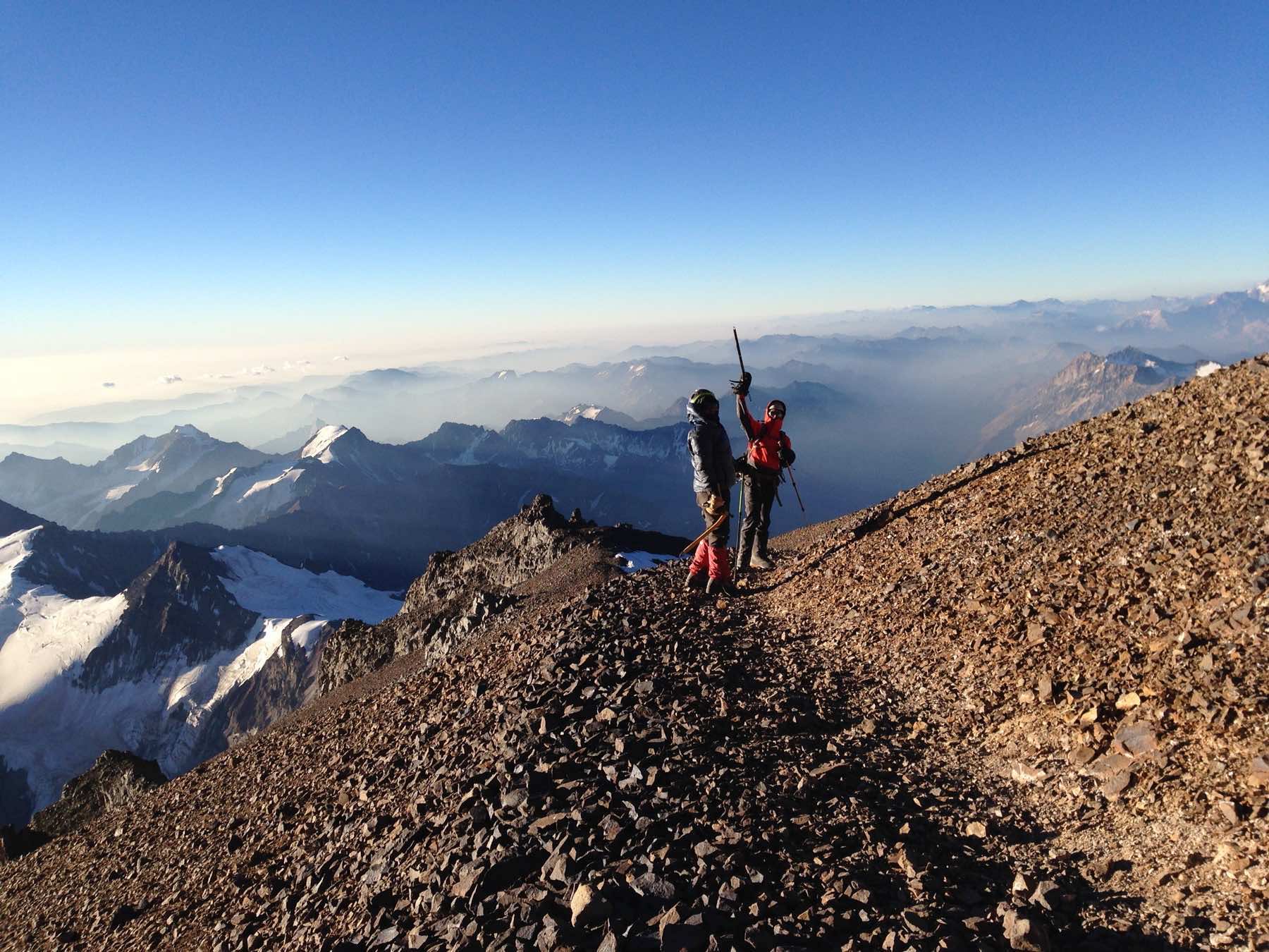 Expedition team on a snowy ridge in the Andes